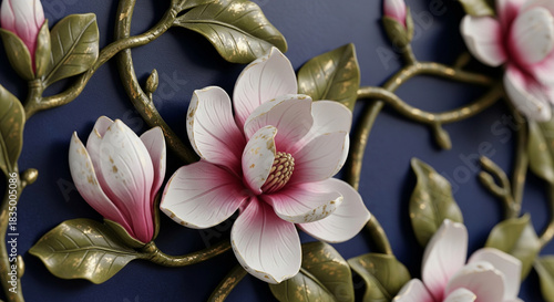 Exquisite magnolia blossoms and leaves adorn a deep blue textured background, evoking elegance and natural beauty.