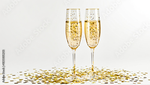 Sektglas mit Goldkonfetti auf weißem Hintergrund