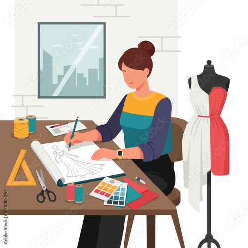 Fashion designer creating elegant dress sketch in modern design studio