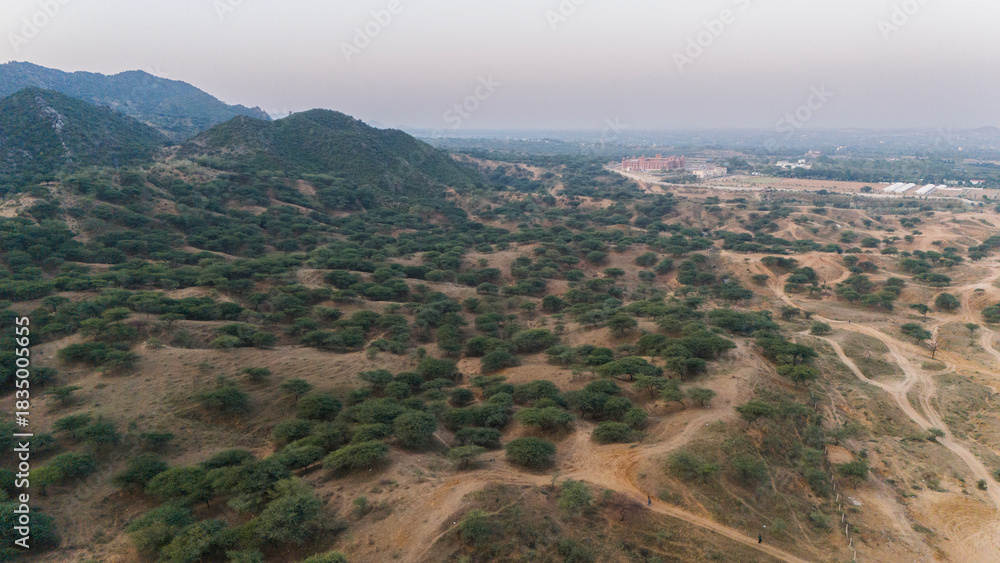 Naklejka premium Aerial view of the Aravali mountains near Pushkar, Rajasthan, showcasing native trees and plants such as Ker, Babool, and Khejri, capturing the lush green hills and natural biodiversity from above.