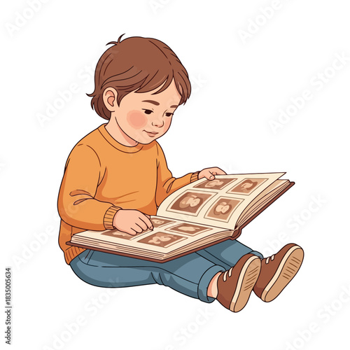 Little child happily flipping through a treasured family photo album