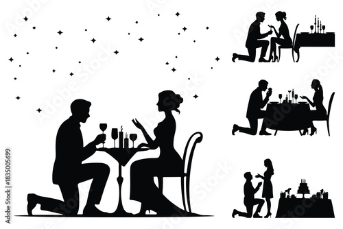 Couple silhouettes proposing and dining at tables with stars