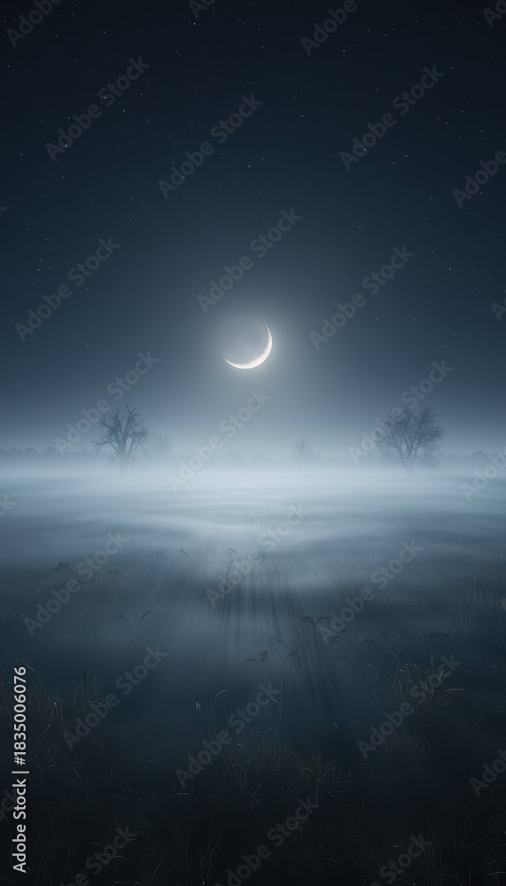 Fototapeta premium Mysterious Silhouette of Moon Over Foggy Landscape at Night