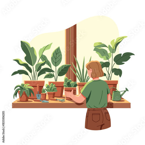 Woman tending to houseplants on sunny windowsill creating a peaceful home oasis