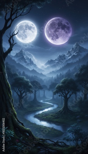 Enchanted Forest with Two Moons and a Serene River at Night