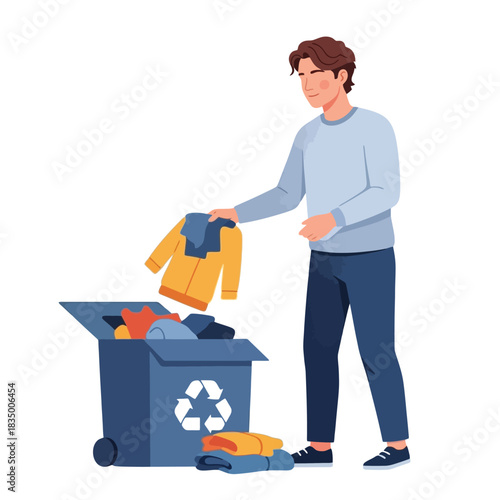 Man donates old clothes to charity bin for recycling