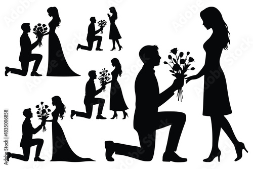 Multiple couples proposing with flowers black silhouettes