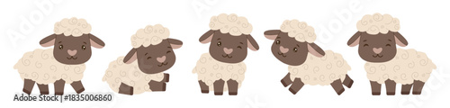 Cute sheep cartoon vector illustration features five adorable sheep with different playful poses. Perfect for children s designs, products, and educational materials. Ideal for creative projects.