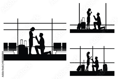 Couple proposing with ring at airport with luggage