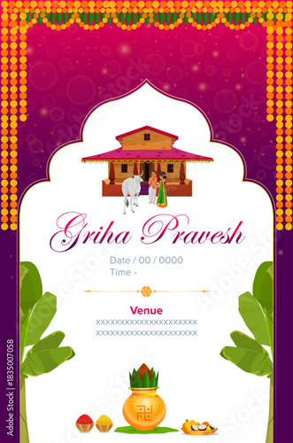 Indian house warming griha pravesh invitation, Invitation template with vector illustration of village house,