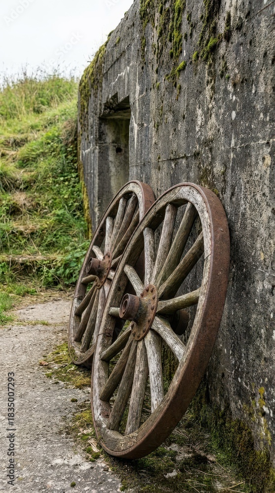 Obraz premium Antique Wooden Wheels Leaning Against Weathered Stone Wall