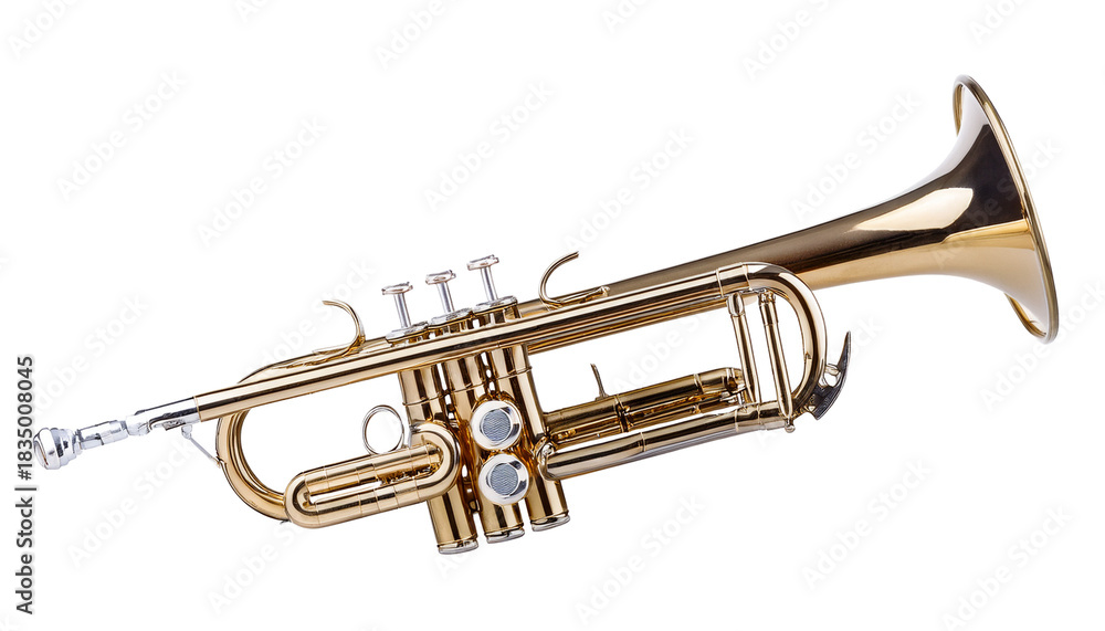 Obraz premium Golden trumpet with silver accents showing valves and bell, musical instrument for jazz or classical music cutout on alpha channel