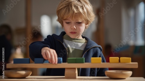 A child learning about balance by placing colorful wooden blocks on a classroom beam scale, their face lighting up as both sides finally level — early education, hands-on learning, and playful