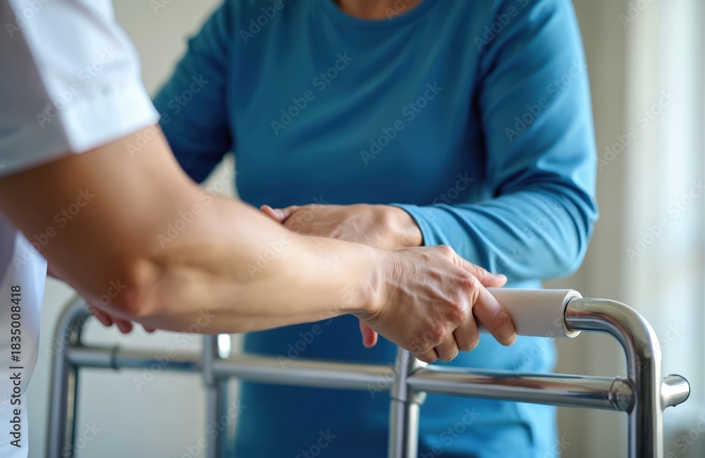 Fototapeta premium Physical therapist helps patient stand with walker in therapy room. Person with mobility issue receives medical aid and support. Caregiver aids woman with walking frame for rehab.