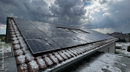 A solar panel installation is covered in hail, showcasing resilience against severe weather conditions and highlighting renewable energy sources.