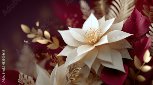 A white lotus-like flower with ivory petals sits amid a deep burgundy and gold floral arrangement.