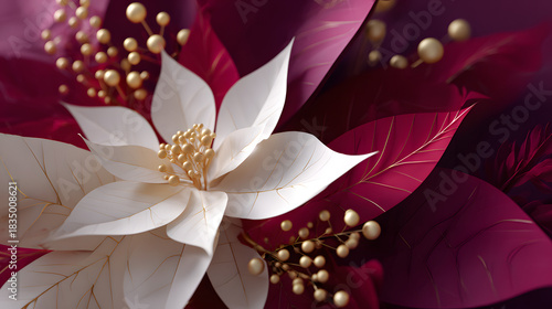 A white papercraft flower with ivory petals and gold bead accents, set against deep burgundy leaves.