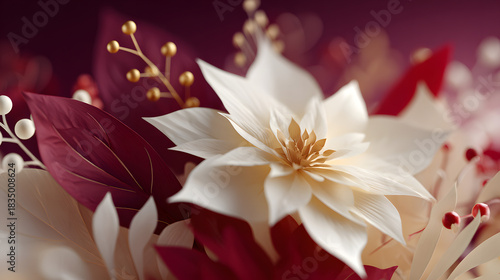 Close-up of a white, star-shaped flower with a golden center, set among burgundy leaves and red berries in a festive arrangement.