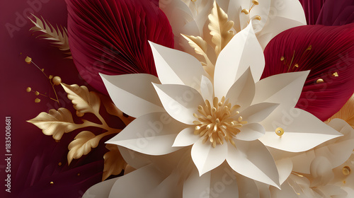 A white layered paper flower with gold accents on a deep red background, a decorative centerpiece.