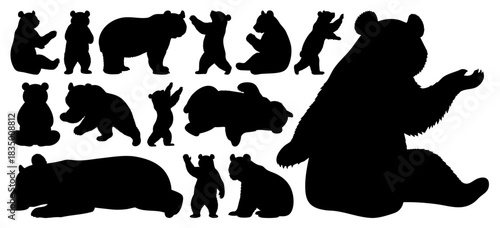 Giant Panda Silhouettes Vector Collection, Showing Various Poses Like Sitting Walking and Standing on a Transparent Background