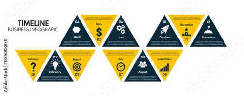 12 months or steps cycle diagram, whole year strategy plan or project timeline, yellow and black vector infographic template with business icons