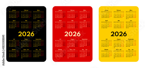 2026 pocket calendar set, simple vertical calendar design template, german language month names, two weekends, monday first, german flag colors