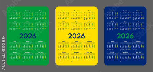 2026 pocket calendar set, simple vertical calendar design template, portuguese language month names, two weekends, monday first, brazil flag colors