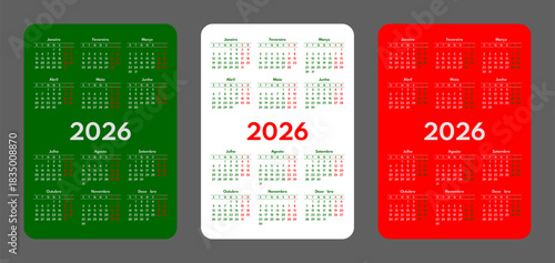 2026 pocket calendar set, simple vertical calendar design template, portuguese language month names, two weekends, monday first, portugal flag colors