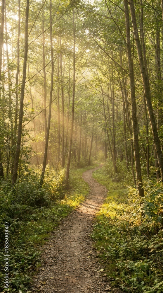 Obraz premium Serene Forest Pathway with Sunlight Filtering Through Trees