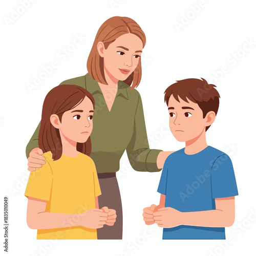 Concerned mother comforts upset children, offering support and guidance