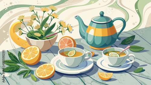 delicate herbal tea setup with fresh lemon and small flowers on a smooth marble countertop. Serene, clean, and elegant arrangement perfect for culinary visuals, wellness themes, and beverage branding