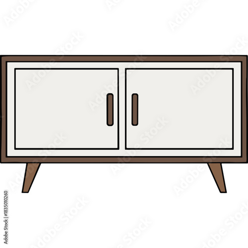 Minimalist Mid Century Modern Credenza with Two Doors and Tapered Legs in Light Beige and Walnut Wood Tones Isolated on Black Background