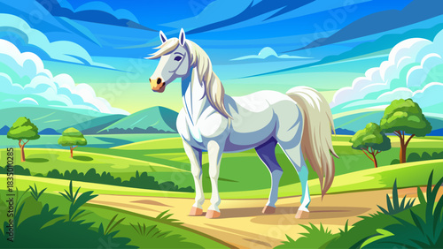 A graceful white horse standing in a quiet meadow under soft blue skies. Soft natural light, peaceful rural scenery, perfect for pastoral photography, tranquil landscapes, and equestrian themes