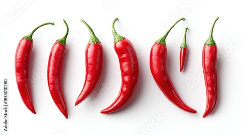 Vibrant red chili peppers arranged on a clean white background, top view