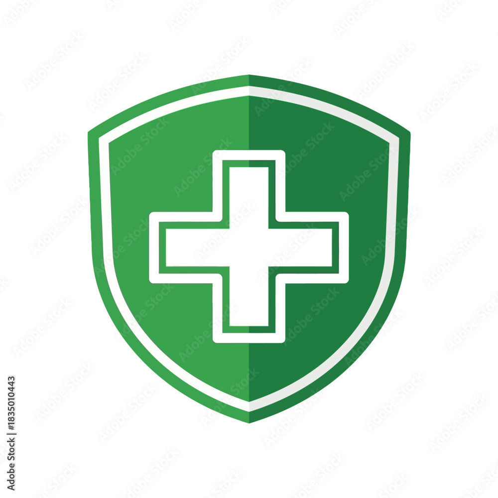 Fototapeta premium Green Shield with a White Cross Symbolizing Healthcare and Safety