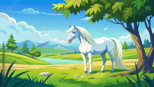 A majestic white horse grazing peacefully in a lush green meadow beneath a clear blue sky. Calm and serene rural landscape, ideal for nature photography, pastoral scenes, and tranquil outdoor visuals