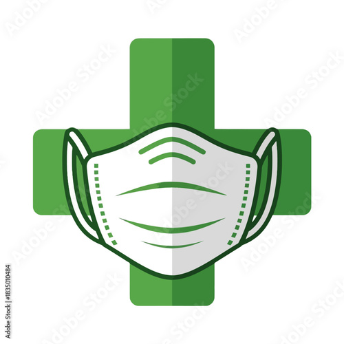Medical face mask against a green cross for health protection