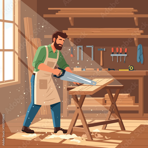Skilled carpenter crafting with saw in sunlit workshop