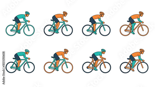 A collection of diverse cyclists pedaling forward, highlighting athleticism and movement