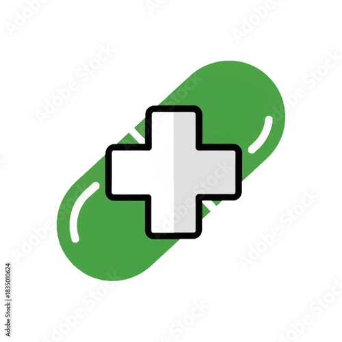 Green medical pill icon with a white cross symbol for healthcare and wellness