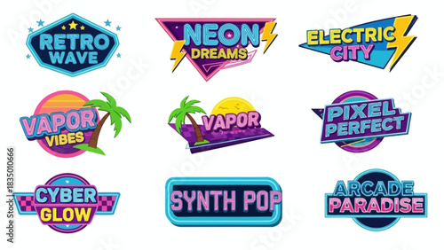 A vibrant collection of retro-futuristic neon logo designs, showcasing 80s inspired themes
