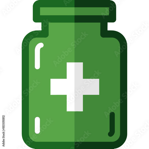 Green Medicine Bottle Icon with White Cross Symbol for Healthcare and Pharmacy