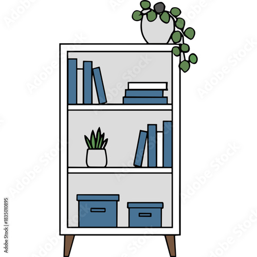 Minimalist White Bookshelf with Blue Accents Filled with Books Plants and Storage Boxes in a Clean Room Setting