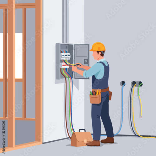 Skilled electrician wiring a modern building's electrical panel with colorful cables