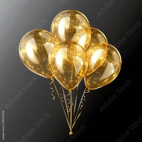 Balloons with a glitter look are floating on strings against a dark background for a nice occasion