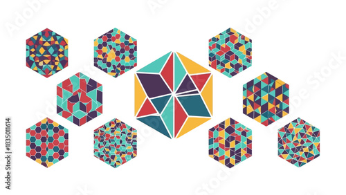Abstract hexagonal mosaic tiles creating a visually appealing geometric pattern on a clean