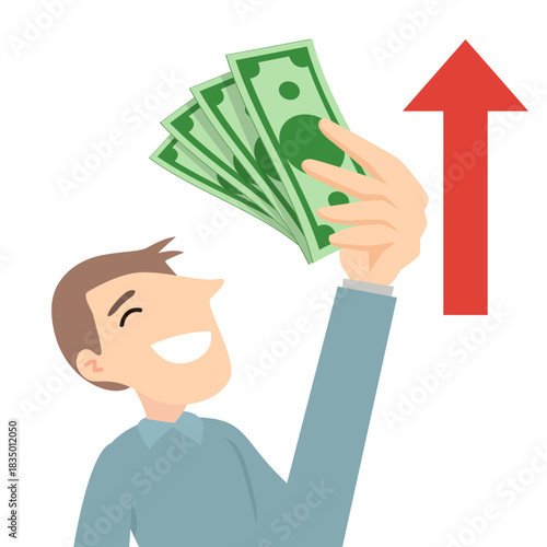 Happy man holds money cash.