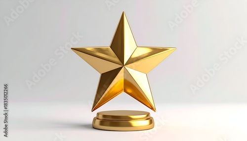 A shiny gold star award on a small stand, set against a plain white background