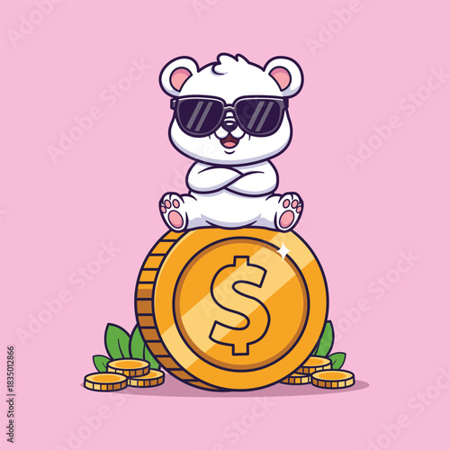 Cute Vector Illustration of a White Bear in Sunglasses Sitting on Giant Dollar Coin with Leaves and Pink Background