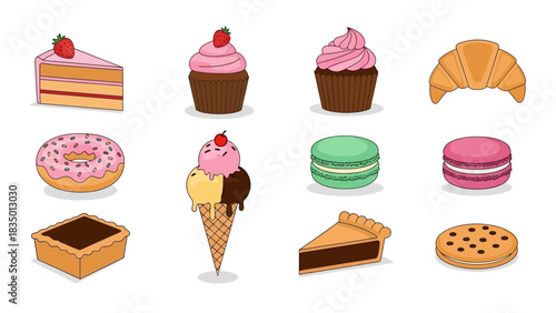 Colorful cartoon confectionery collection featuring cake, cupcakes, and cookies design for sweet